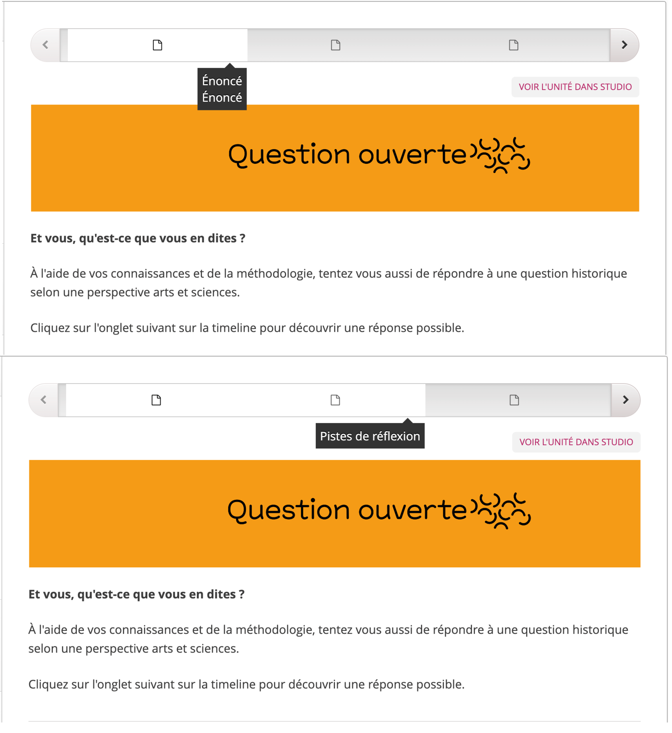 Barre de navigation annotée : Exemple de la Question ouverte